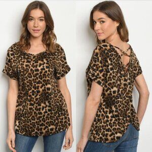 🌺 Boutique Criss Cross Back Brown Leopard Print Blouse NWT S